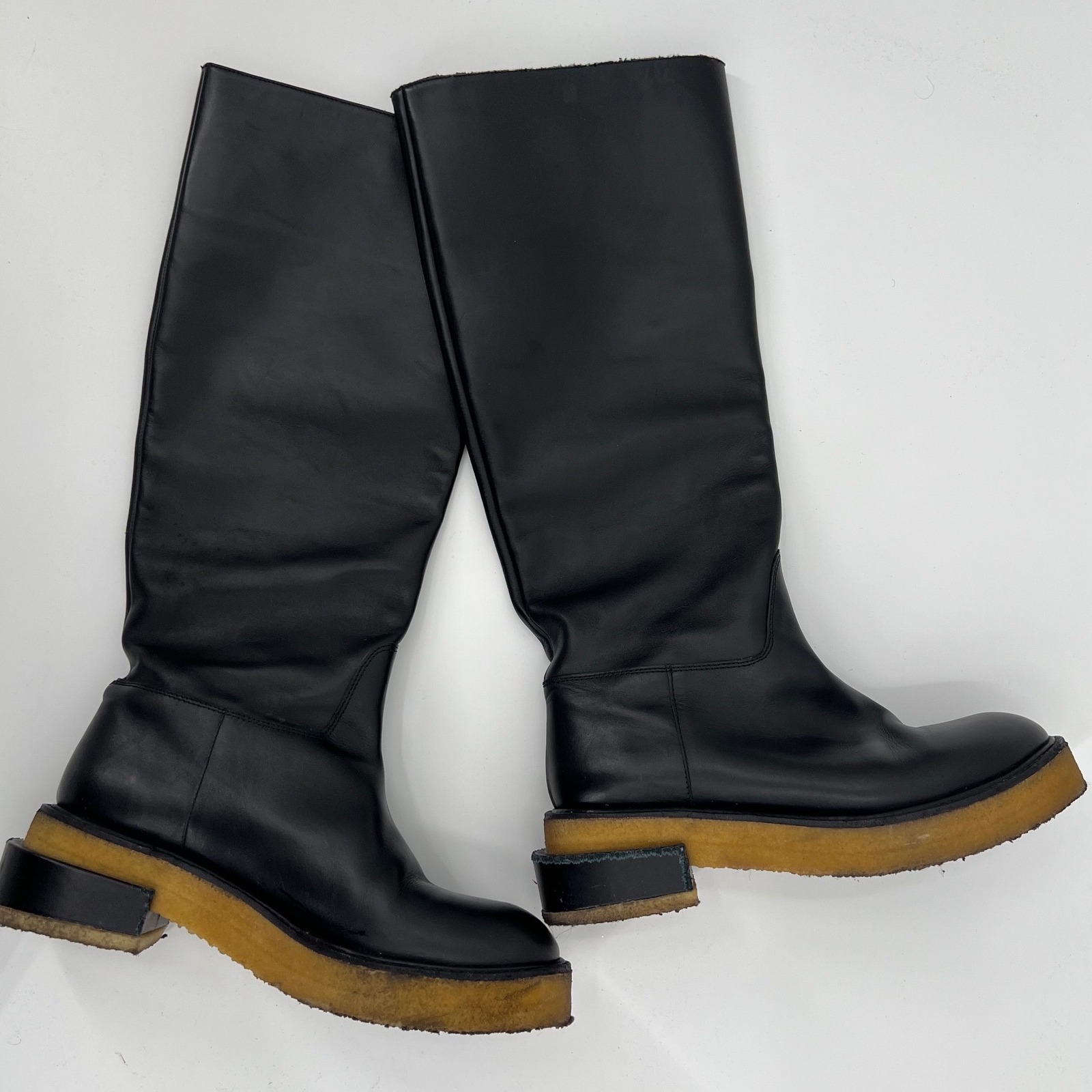 Frame Black Le Canon Noir Leather Crepe Sole Tall Boots Platform Block Heel 38.5